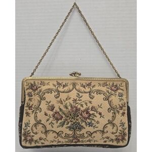 Vintage Purse Shoulder Bag Cream Floral Tapestry Cocktail Evening Gold Chain